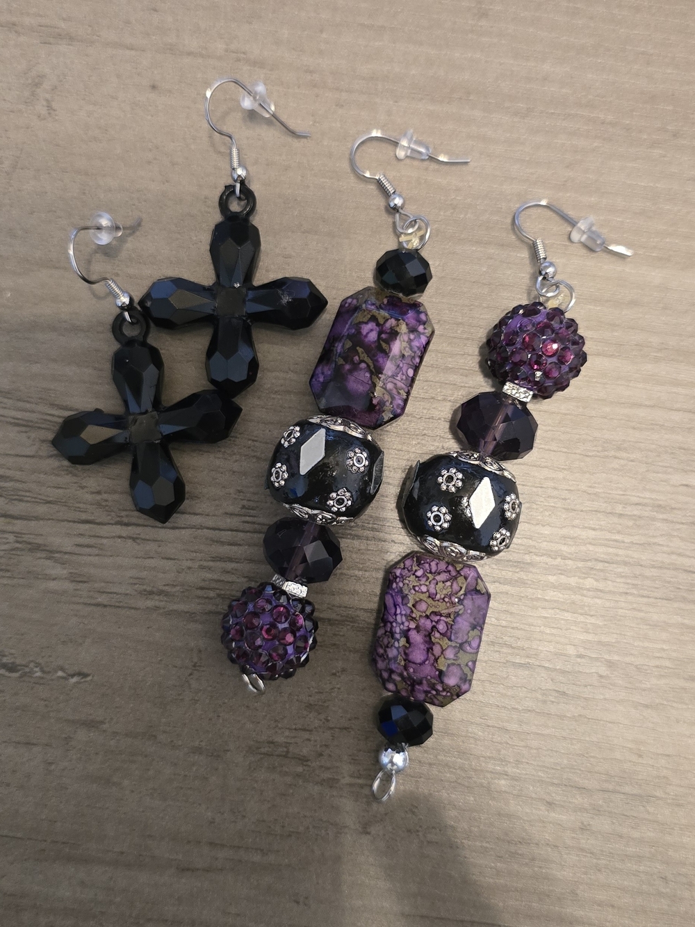 Handmade Purple and Black Beaded Dangle Earrings